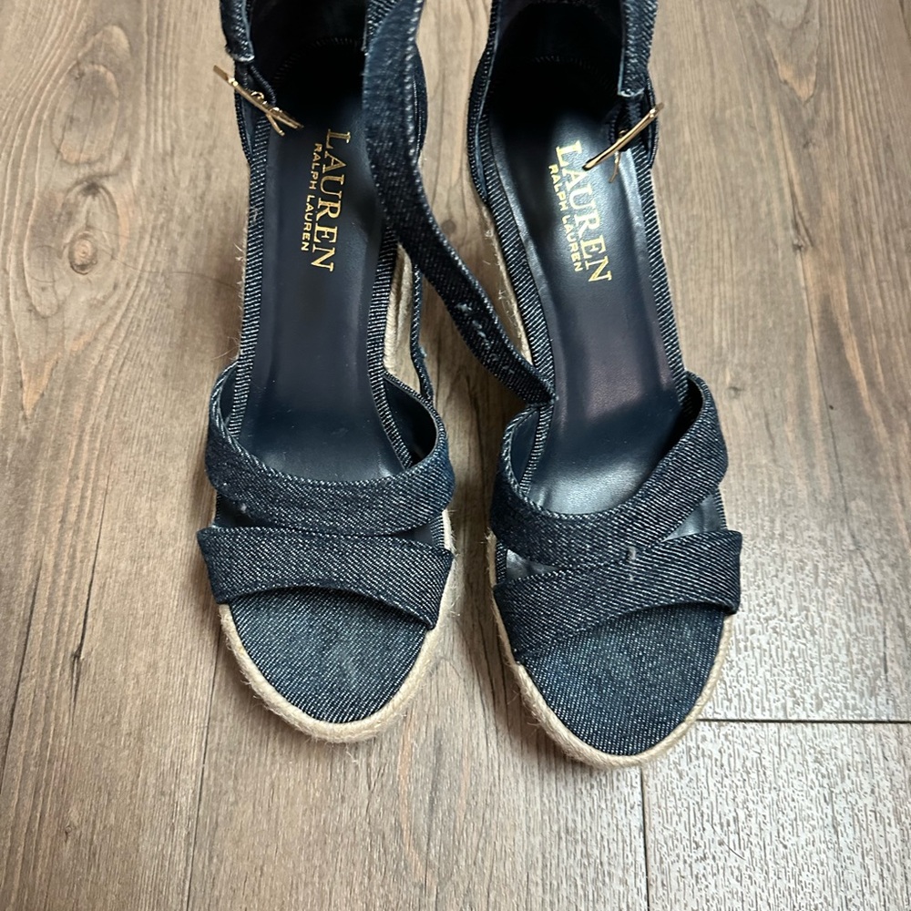 Lauren Ralph Lauren Black Denim Espadrille Wedge Sandals with Ankle Strap